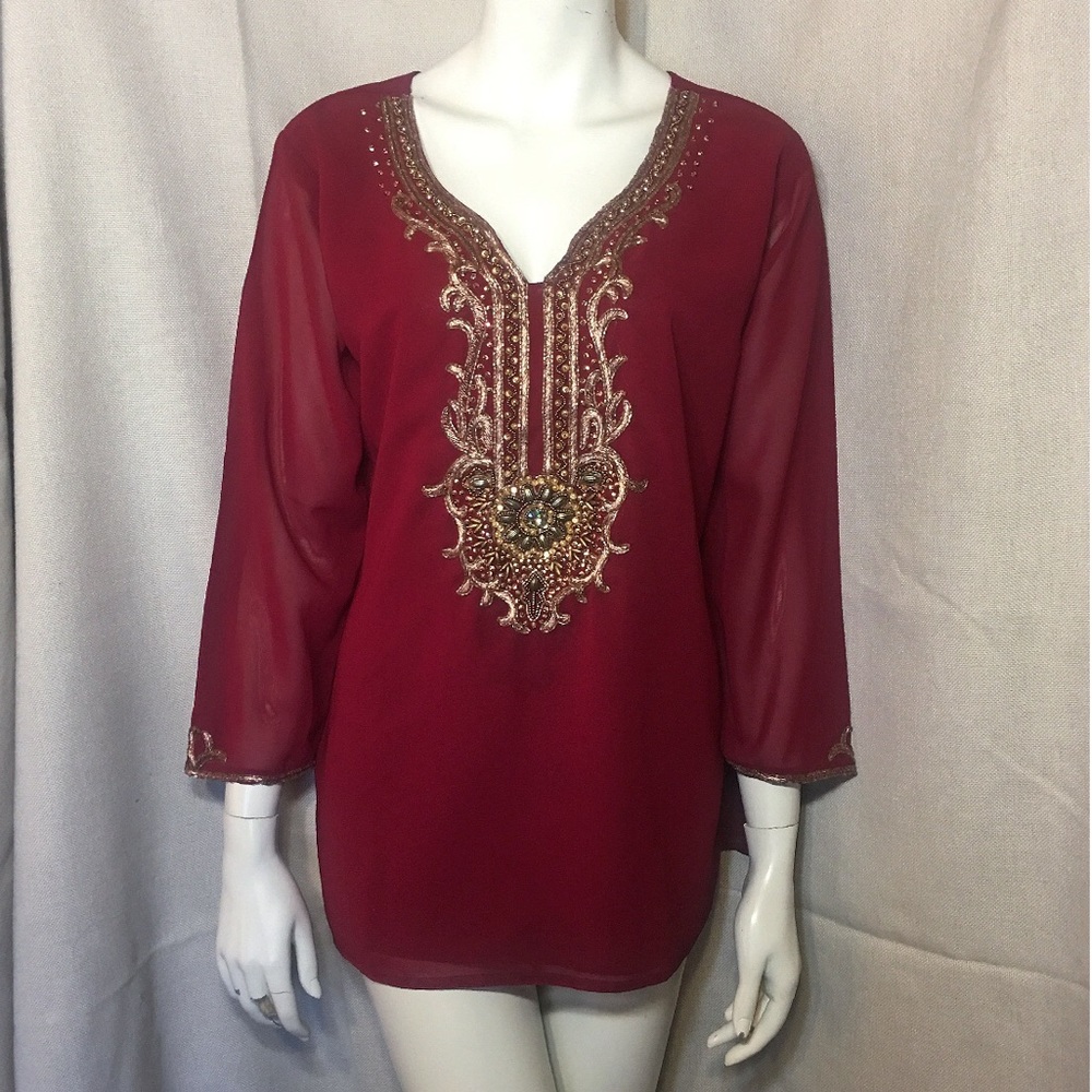 Red Boho Beaded Indian Tunic Plus Size XXL
